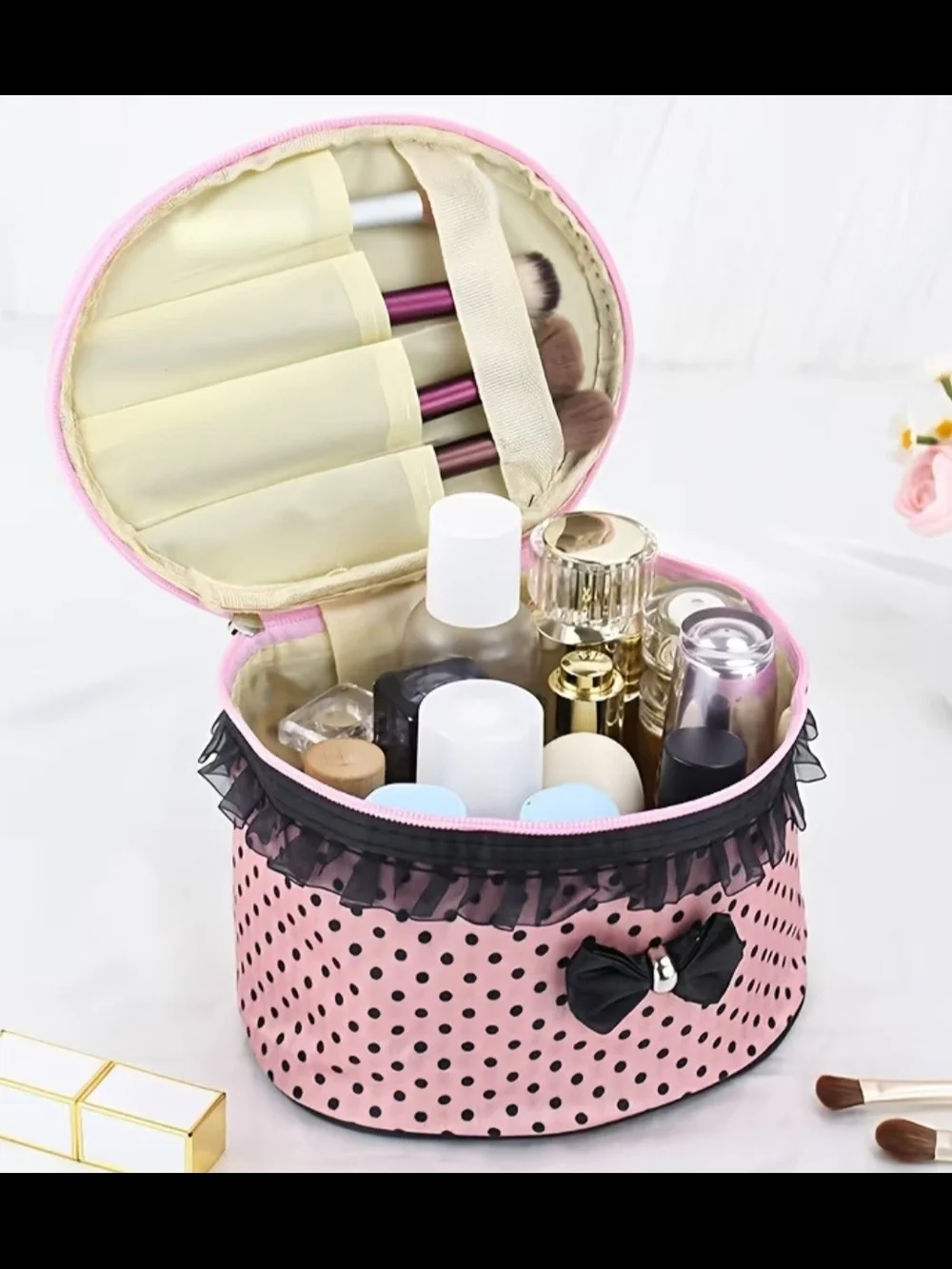 Pink Polka Dot Cosmetic Train Case with Black Trim and Bow